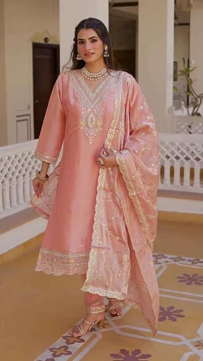 Women's Chinon Silk Embroidered Straight Salwar Suit with Dupatta | Elegant Festive Wear