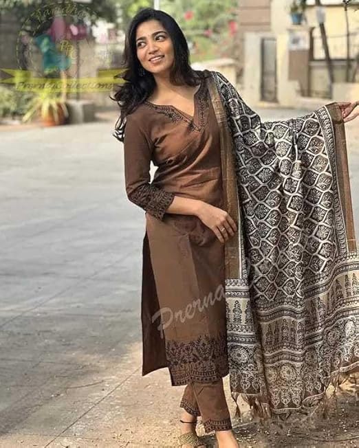 Women Pure Cotton Embroidery Straight Kurti with Pant & Dupatta Set (Brown)