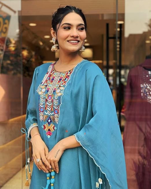 Women's Cotton Mirror Work Embroidered Straight Kurti with Pant and Dupatta Set
