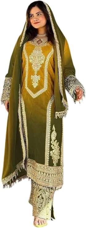 Women's Chinon Silk Embroidery Straight Kashmiri Salwar Suit with Dupatta | Elegant Ethnic Wear
