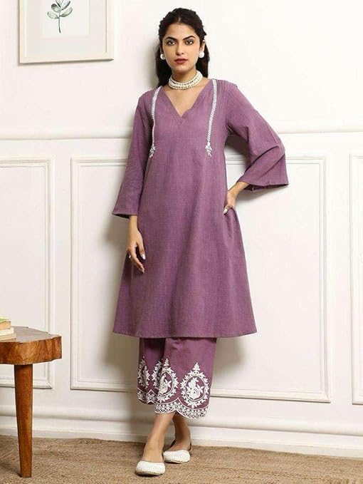Women's Cotton Embroidered Straight Kurta & Pant with Dupatta Set (Purple)