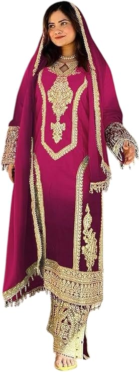Women's Chinon Silk Embroidery Straight Kashmiri Salwar Suit with Dupatta | Elegant Ethnic Wear