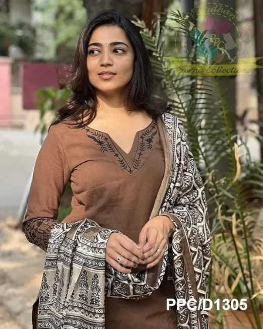 Women Pure Cotton Embroidery Straight Kurti with Pant & Dupatta Set (Brown)