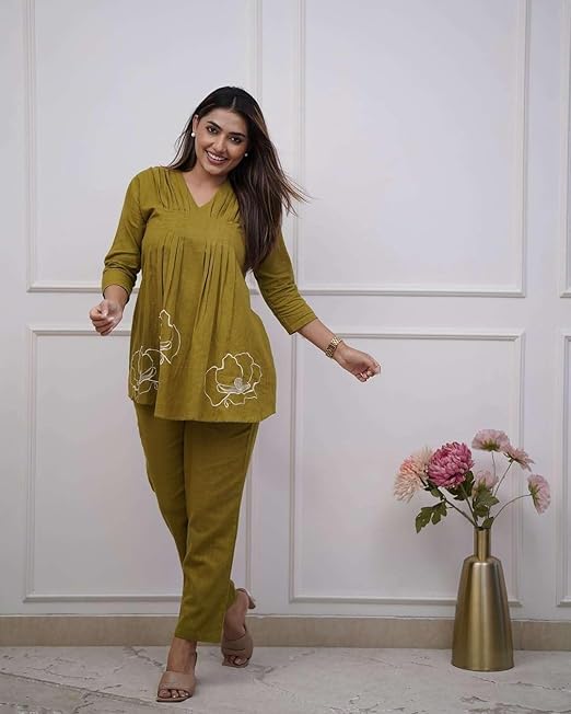 Cotton Rose Printed Short Anarkali Kurta with Pant Cord Set