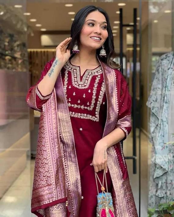 Women's Silk Embroidered Straight Kurta Set with Banarasi Dupatta | Festive & Wedding Wear