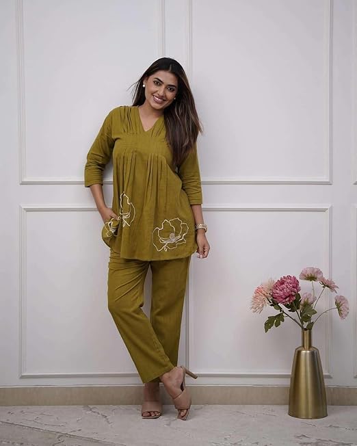 Cotton Rose Printed Short Anarkali Kurta with Pant Cord Set