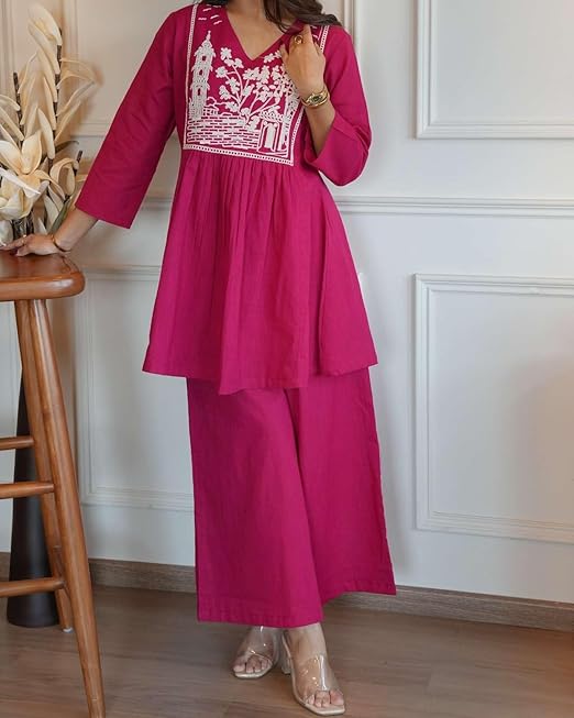 Women's Cotton Embroidered Short Anarkali Kurti with Pant