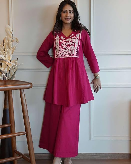 Women's Cotton Embroidered Short Anarkali Kurti with Pant