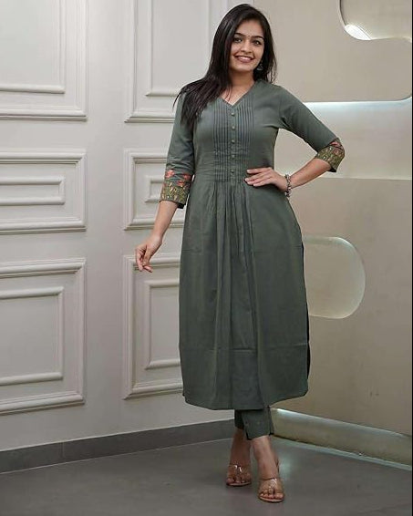 Women's Cotton Printed Flared Straight Kurti with Pant and Dupatta Set