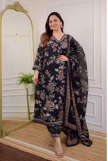 Prakirtee creation Women's Cotton Floral Printed Straight Kurti With Afghani Style Pant and Dupatta Set (Black)
