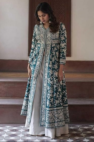 Women's Cotton Embroidery A-line Kurti with Palazzo Set