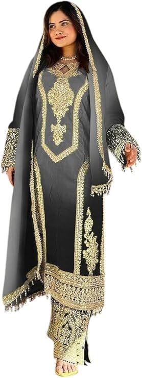 Women's Chinon Silk Embroidery Straight Kashmiri Salwar Suit with Dupatta | Elegant Ethnic Wear