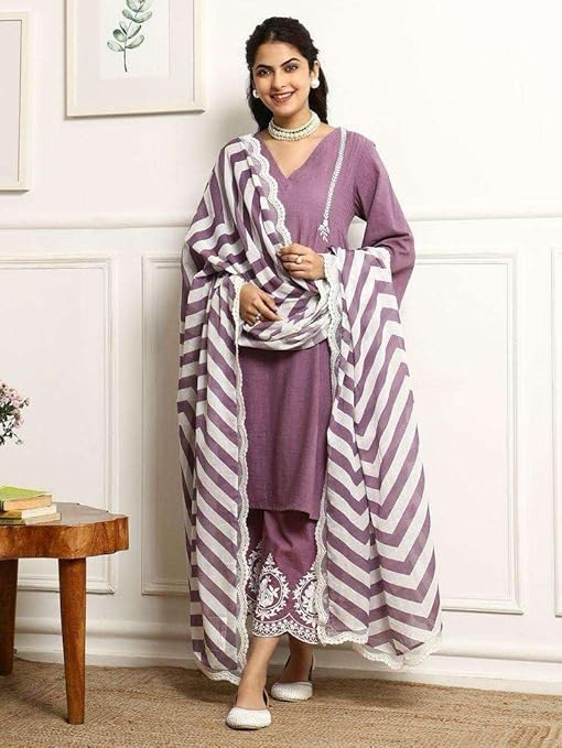 Women's Cotton Embroidered Straight Kurta & Pant with Dupatta Set (Purple)