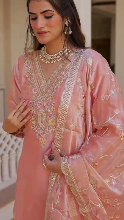 Women's Chinon Silk Embroidered Straight Salwar Suit with Dupatta | Elegant Festive Wear