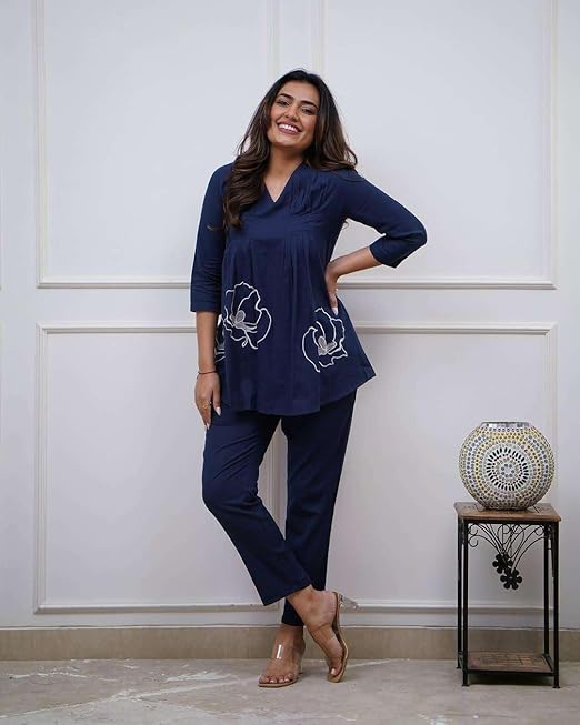 Cotton Rose Printed Short Anarkali Kurta with Pant Cord Set