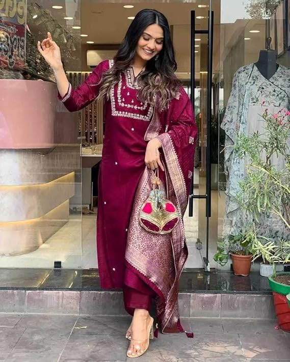 Women's Silk Embroidered Straight Kurta Set with Banarasi Dupatta | Festive & Wedding Wear