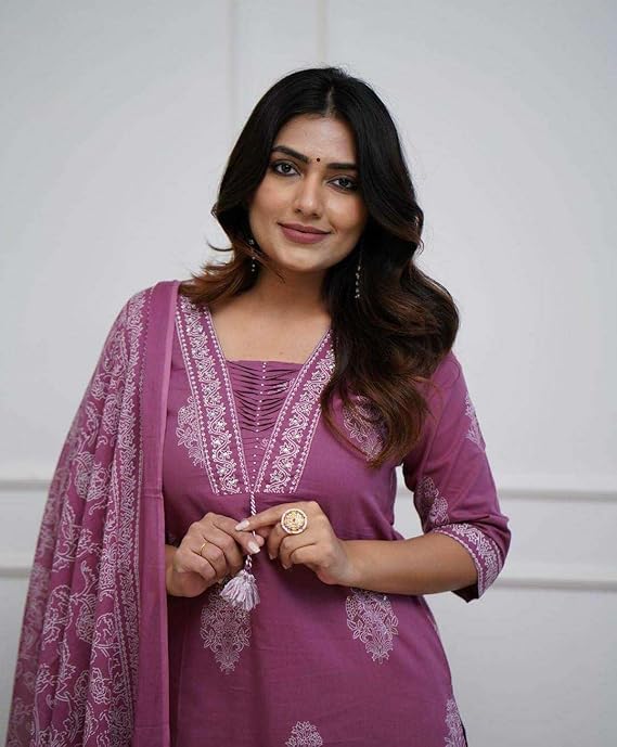 Women's Cotton Printed Straight Kurti with Pant and Dupatta Set