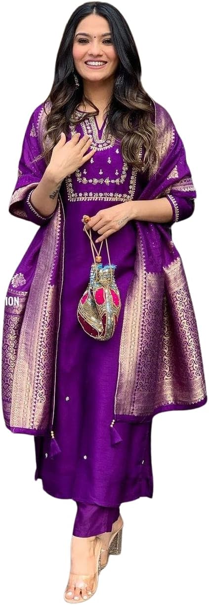 Women's Silk Embroidered Straight Kurta Set with Banarasi Dupatta | Festive & Wedding Wear