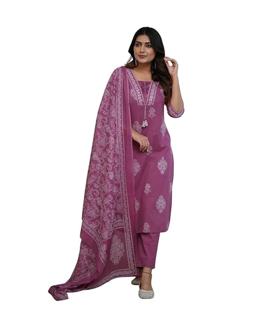 Women's Cotton Printed Straight Kurti with Pant and Dupatta Set