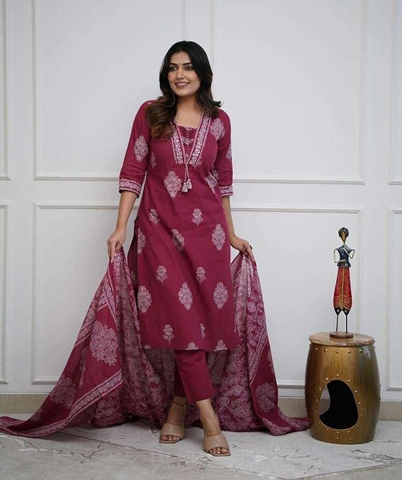 Women's Cotton Printed Straight Kurti with Pant and Dupatta Set