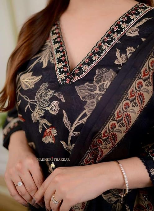 Prakirtee creation Women's Cotton Floral Printed Straight Kurti With Afghani Style Pant and Dupatta Set (Black)