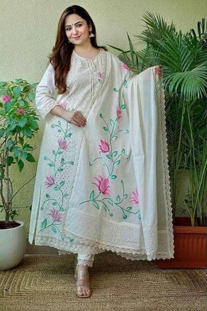 Women's Cotton Hand-Painted Chicken Shifli Straight Kurti with Pant and Mulmul Dupatta Set