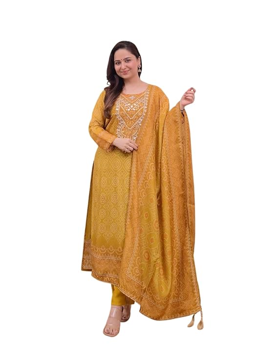 Women's Silk Embroidered Straight Kurti with Pant and Dupatta Set