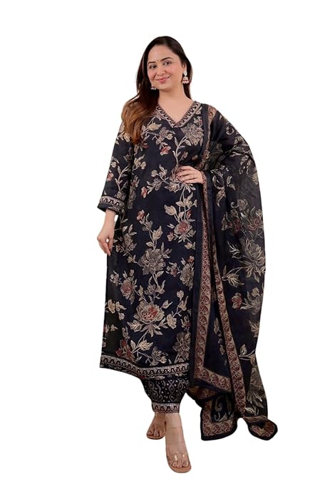 Prakirtee creation Women's Cotton Floral Printed Straight Kurti With Afghani Style Pant and Dupatta Set (Black)