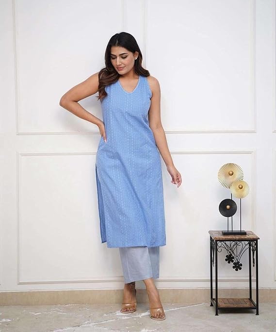 Women's Cotton Printed Sleeveless Straight Kurti with Pant Set