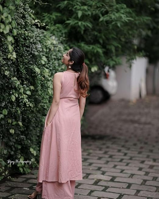 Women's Cotton Plain Flared Sleeveless Kurta with Palazzo