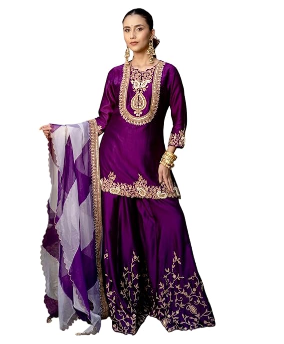 Women's Chinon Silk Sequence Embroidery Work Straight Kurti with Sharara Suit and Dupatta Set