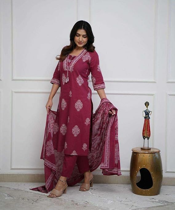 Women's Cotton Printed Straight Kurti with Pant and Dupatta Set