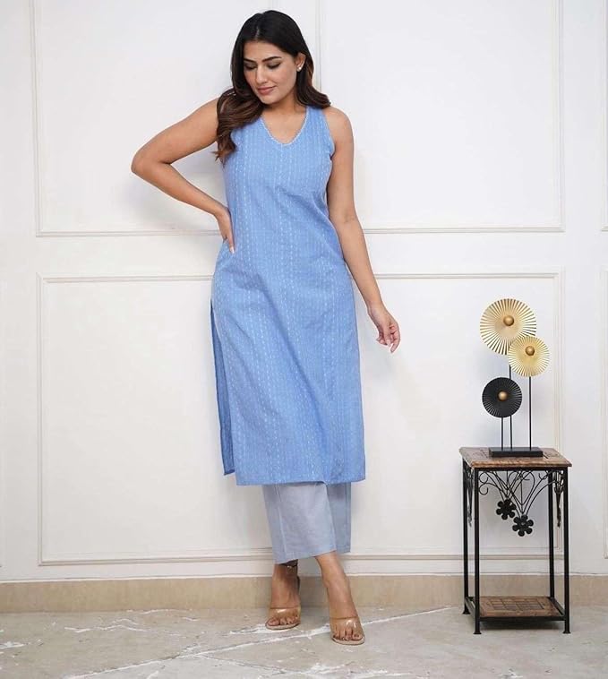 Women's Cotton Printed Sleeveless Straight Kurti with Pant Set