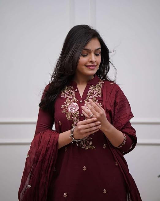 Women's Cotton Embroidery work Straight kurti with Pant & mulmul dupatta set