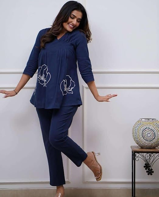 Cotton Rose Printed Short Anarkali Kurta with Pant Cord Set