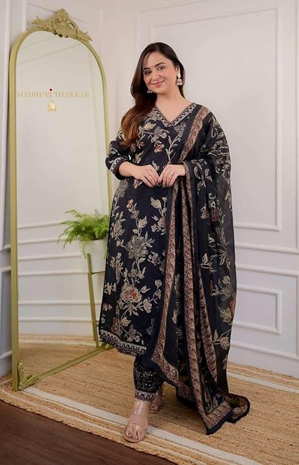 Prakirtee creation Women's Cotton Floral Printed Straight Kurti With Afghani Style Pant and Dupatta Set (Black)