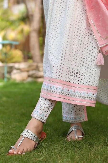 Women's Cotton Embroidered Nayra Cut Kurti with Pant and Dupatta Set