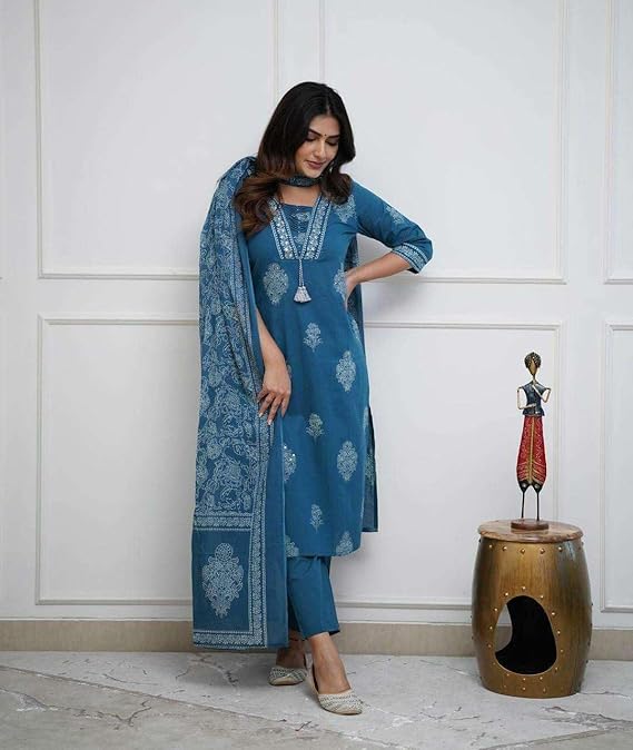 Women's Cotton Printed Straight Kurti with Pant and Dupatta Set