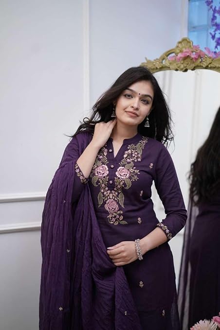 Women's Cotton Embroidery work Straight kurti with Pant & mulmul dupatta set