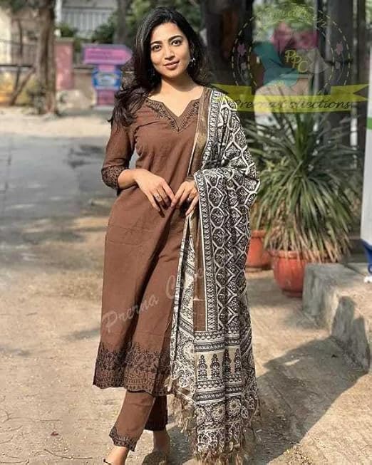 Women Pure Cotton Embroidery Straight Kurti with Pant & Dupatta Set (Brown)