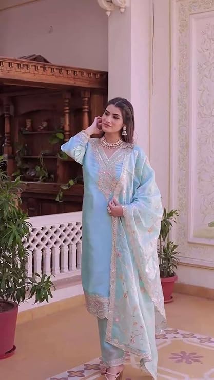 Women's Chinon Silk Embroidered Straight Salwar Suit with Dupatta | Elegant Festive Wear