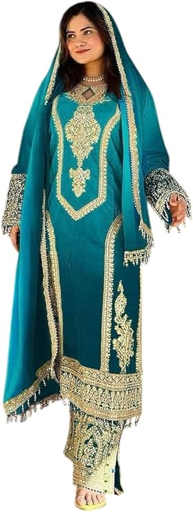 Women's Chinon Silk Embroidery Straight Kashmiri Salwar Suit with Dupatta | Elegant Ethnic Wear