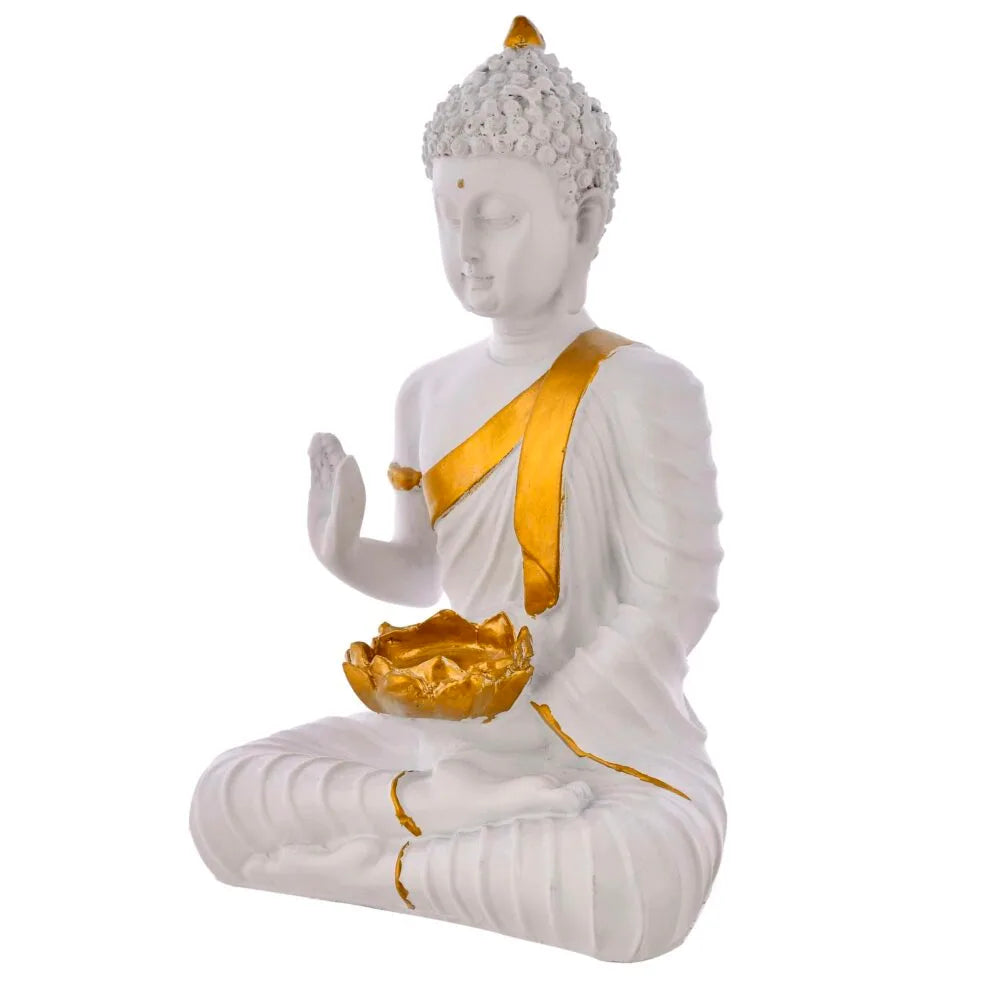 White & Gold Meditating Buddha Idol – Resin Home Decor Showpiece for Pooja Room, Meditation Space, and Diwali Gift