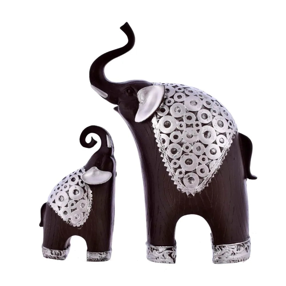 Decorative Elephant Showpiece Set – Wooden Finish with Silver Detailing for Home & Office