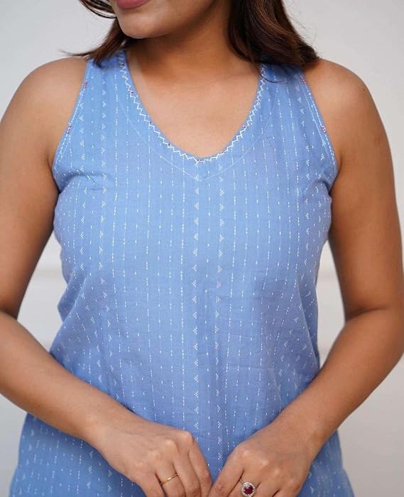 Women's Cotton Printed Sleeveless Straight Kurti with Pant Set
