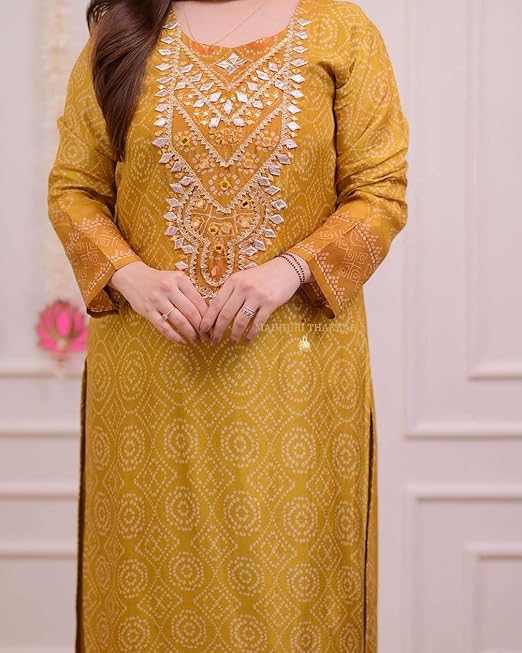 Women's Silk Embroidered Straight Kurti with Pant and Dupatta Set