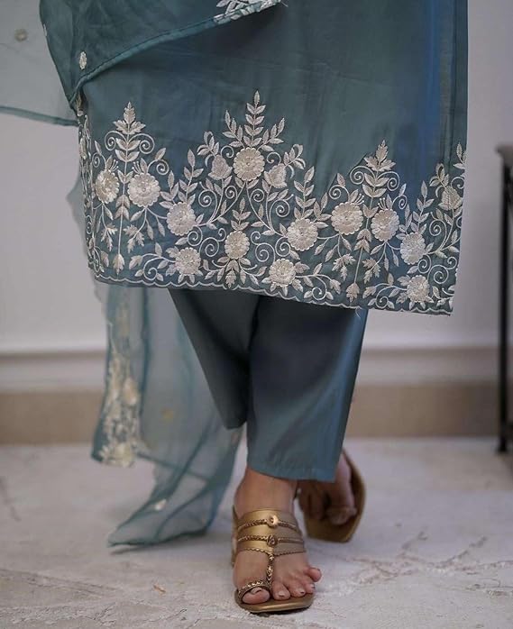 Women's Cotton Floral Embroidery Straight Kurti with Pant and Dupatta Set