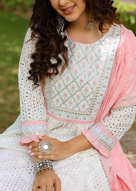 Women's Cotton Embroidered Nayra Cut Kurti with Pant and Dupatta Set