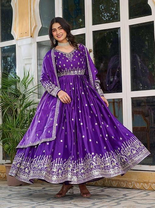 Women's American Silk Sequence Embroidery Long Anarkali Kurti (Gown) with Dupatta