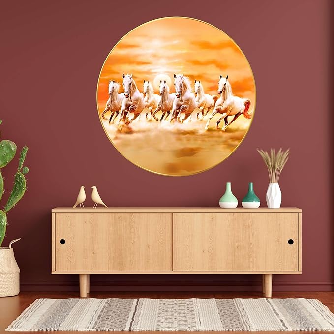 Seven Horses Vastu Painting For Wall Decoration Big Large Size 7 horse Vastu Frame Golden Framed Painting for Living Room, Bedroom, Office (40x40 Cm CH-RHS1)